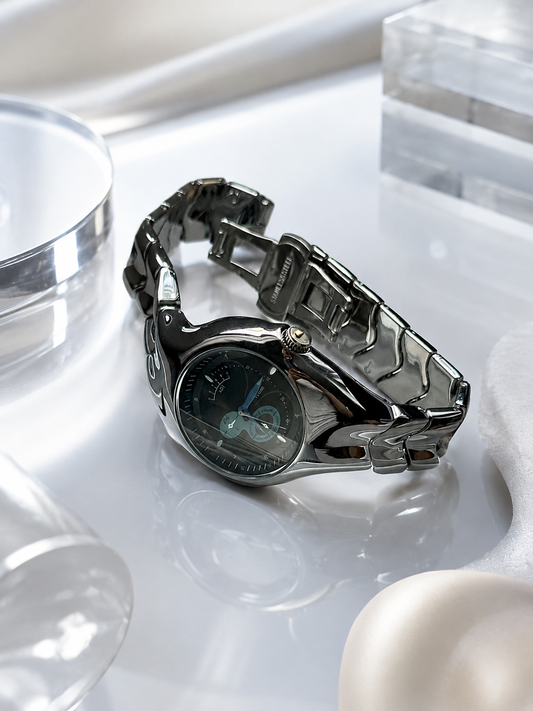 Nike Triax Armored Super Chronograph Black Blue Dial with Chrome Silver Bracelet
