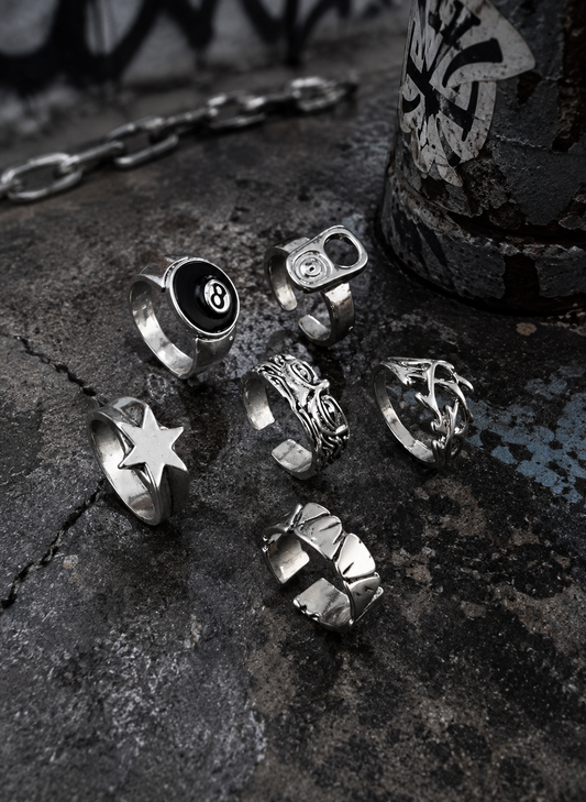 "Junk Drawer" Mixed Ring Set — 6 Piece Y2K Stacking Open Rings