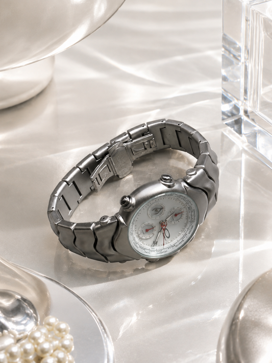 Oakley GMT Chronograph with Matte Silver Band – Black/Blue/White Dial